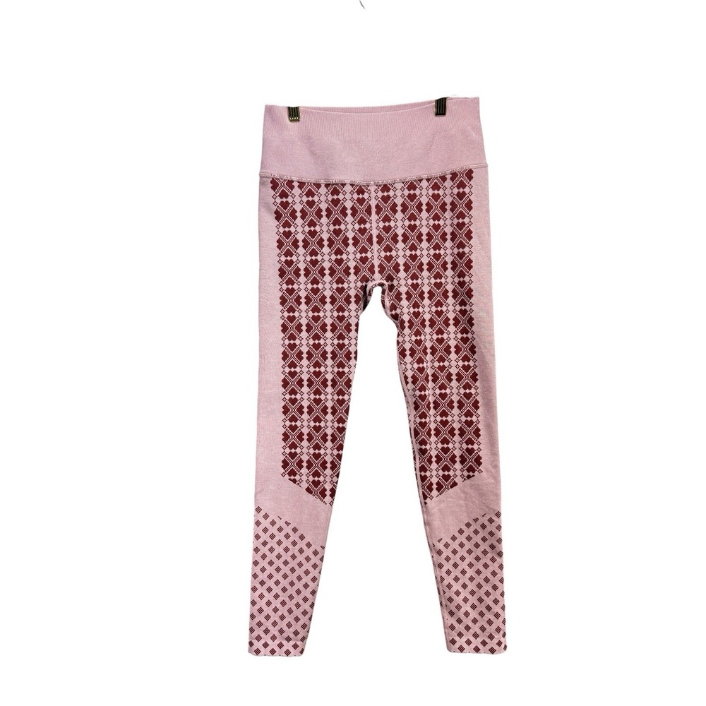 Pink Burgundy Geometric Knit Leggings Cozy Cabin Cottagecore Boho